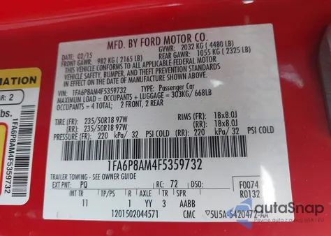 2015 Ford Mustang V6 из США, поврежденный, VIN 1FA6P8AM4F5359732